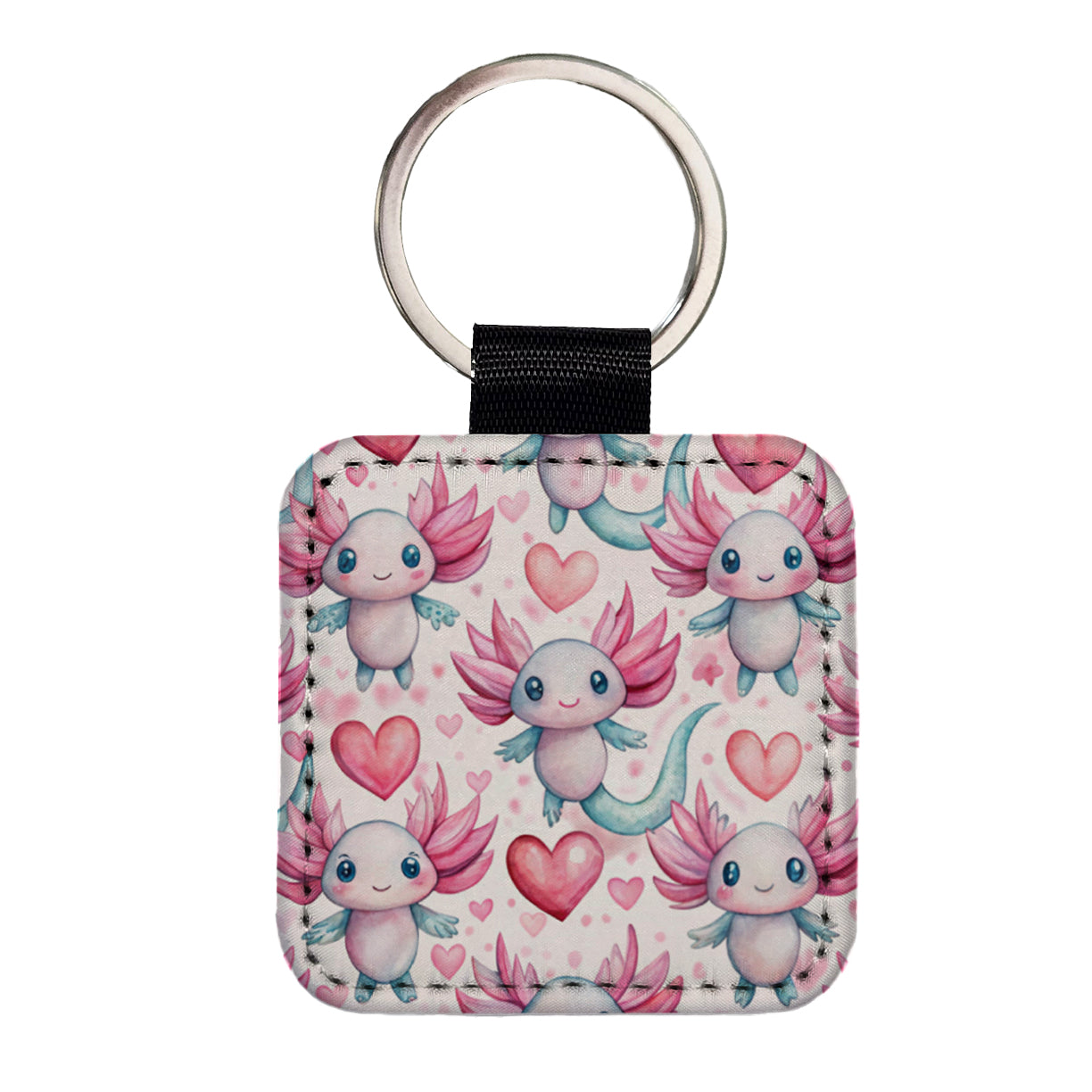 Cute Axolotls Hearts Watercolor Square Faux Leather Keychain