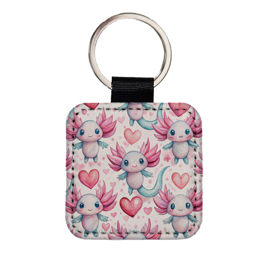 Cute Axolotls Hearts Watercolor Square Faux Leather Keychain