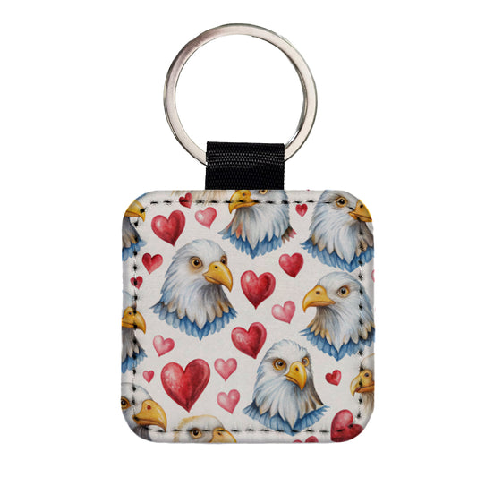 Cute Bald Eagles Hearts Watercolor Square Faux Leather Keychain