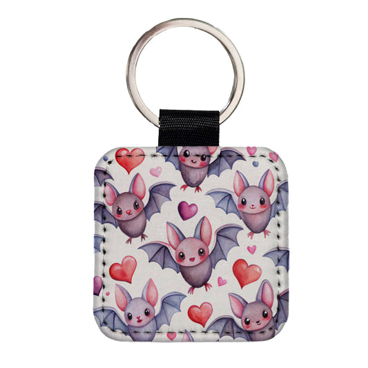 Cute Bats Hearts Watercolor Square Faux Leather Keychain