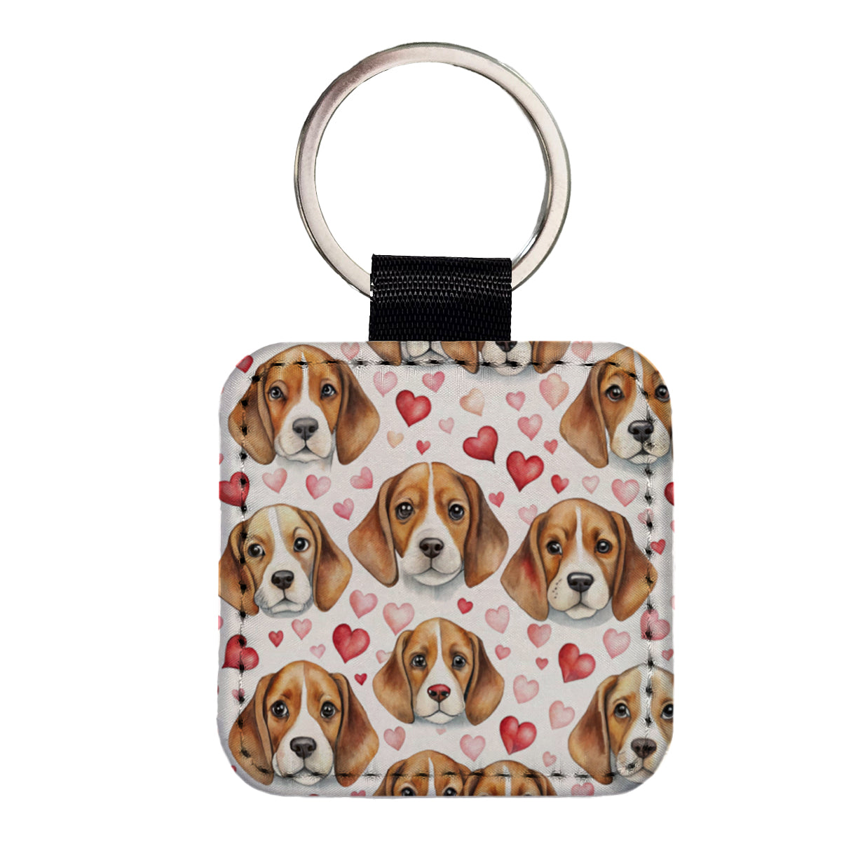Cute Beagle Dog Faces Hearts Square Faux Leather Keychain