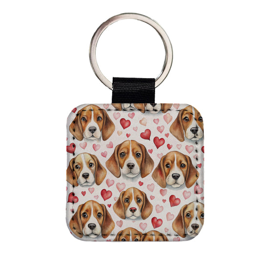 Cute Beagle Dog Faces Hearts Square Faux Leather Keychain