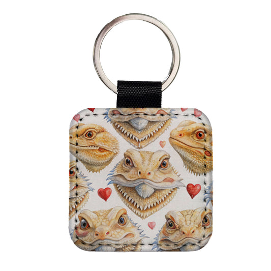 Cute Bearded Dragon Faces Hearts Square Faux Leather Keychain