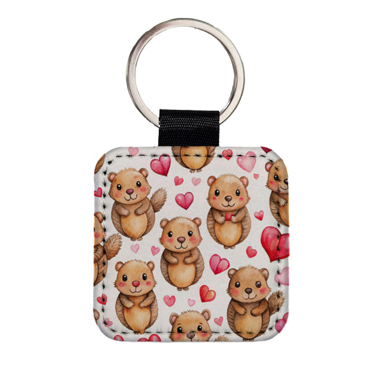 Cute Beavers Hearts Watercolor Square Faux Leather Keychain