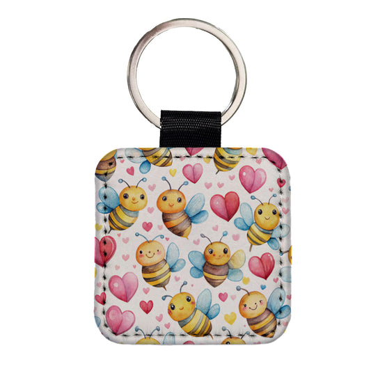 Cute Bees Hearts Watercolor Square Faux Leather Keychain