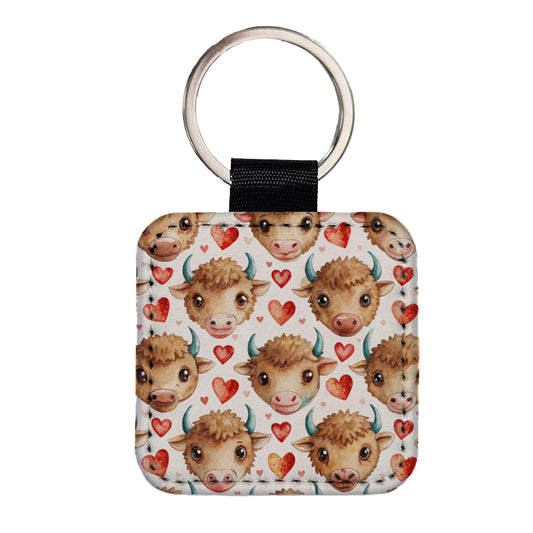 Cute Bison Faces Hearts Watercolor Square Faux Leather Keychain
