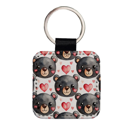Cute Black Bear Faces Hearts Square Faux Leather Keychain