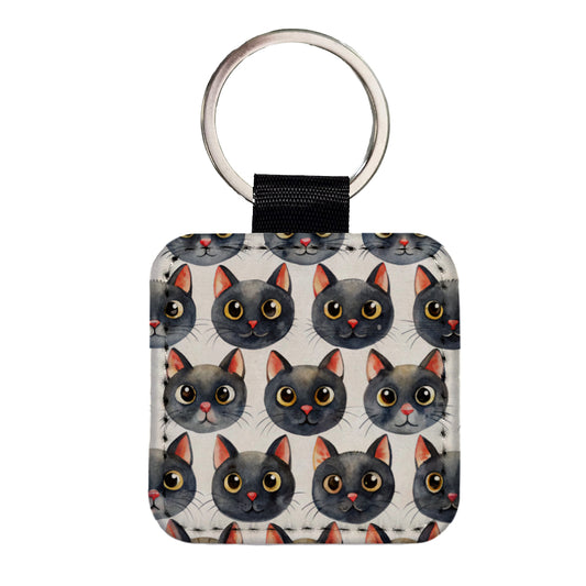 Cute Black Cat Faces Watercolor Square Faux Leather Keychain