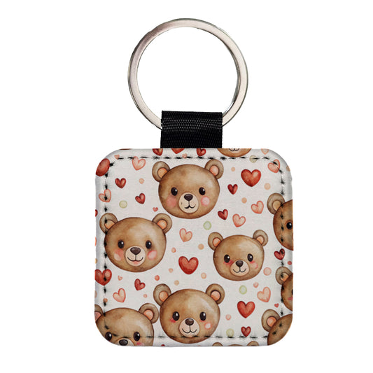 Cute Brown Bear Faces Hearts Square Faux Leather Keychain
