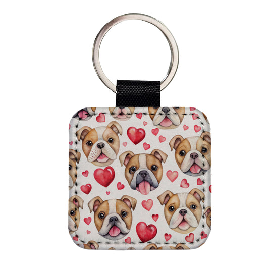 Cute Bulldog Dog Faces Hearts Square Faux Leather Keychain