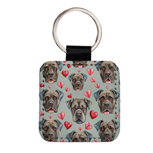 Cute Cane Corso Dog Faces Hearts Square Faux Leather Keychain