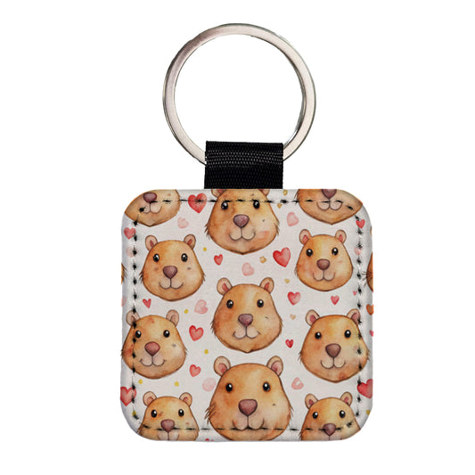 Cute Capybara Faces Hearts Square Faux Leather Keychain
