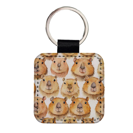 Cute Capybara Faces Watercolor Square Faux Leather Keychain