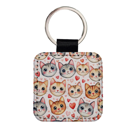 Cute Cat Faces Hearts Watercolor Square Faux Leather Keychain