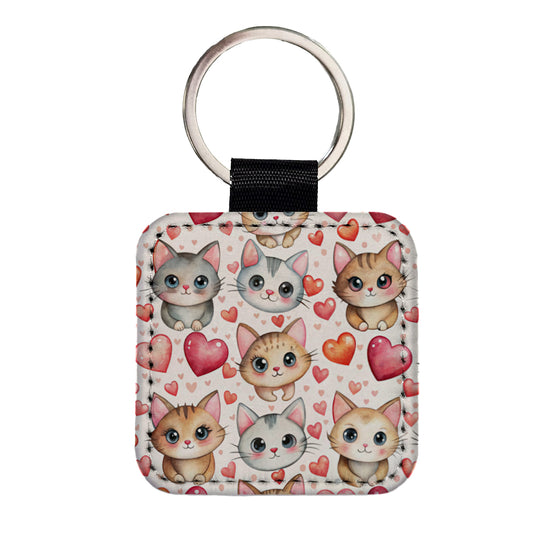 Cute Cats Hearts Watercolor Square Faux Leather Keychain