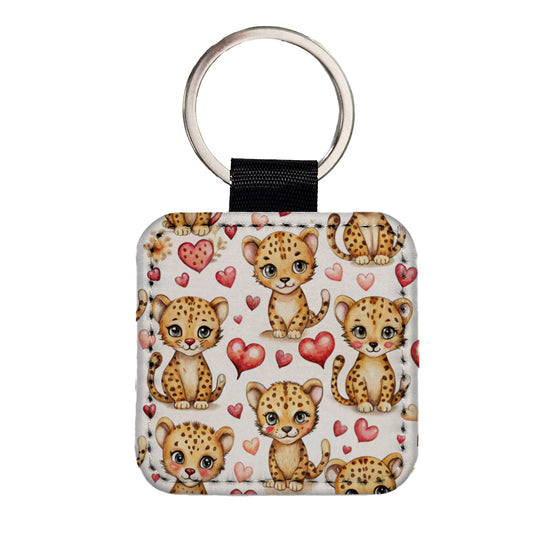Cute Cheetahs Hearts Watercolor Square Faux Leather Keychain