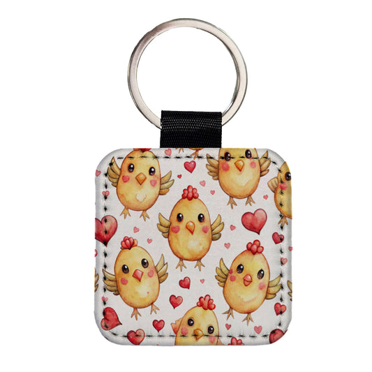 Cute Chickens Hearts Watercolor Square Faux Leather Keychain