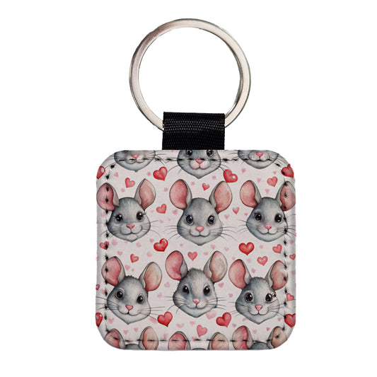 Cute Chinchilla Faces Hearts Square Faux Leather Keychain