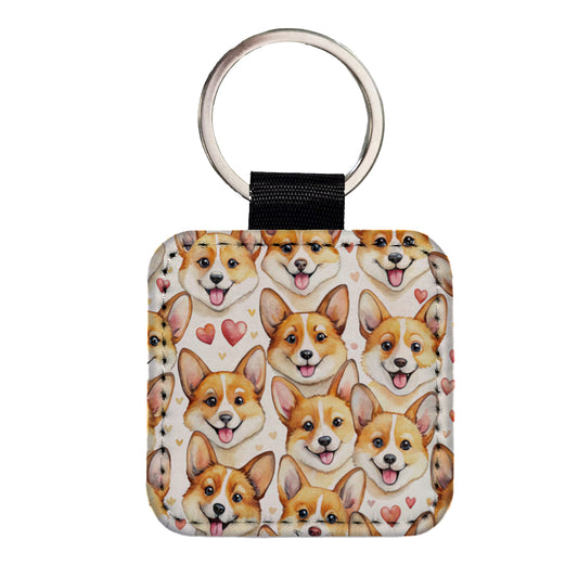 Cute Corgi Dog Faces Hearts Square Faux Leather Keychain