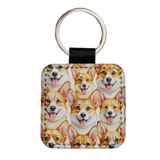 Cute Corgi Dog Faces Watercolor Square Faux Leather Keychain