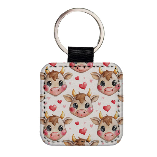 Cute Cow Faces Hearts Watercolor Square Faux Leather Keychain