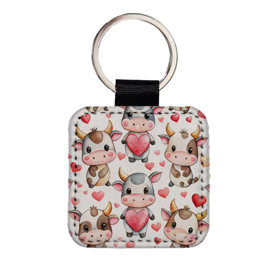 Cute Cows Hearts Watercolor Square Faux Leather Keychain