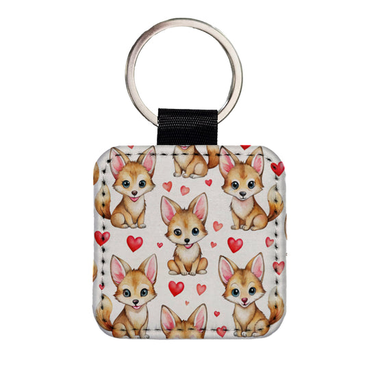 Cute Coyotes Hearts Watercolor Square Faux Leather Keychain