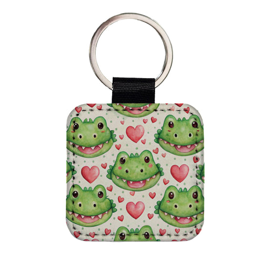Cute Crocodile Alligator Faces Hearts Square Faux Leather Keychain
