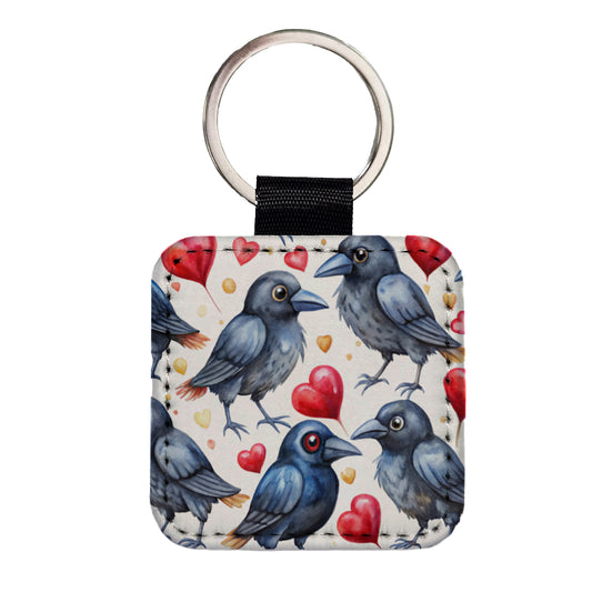Cute Crows Hearts Watercolor Square Faux Leather Keychain