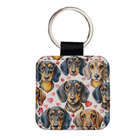 Cute Dachshund Dog Faces Hearts Square Faux Leather Keychain