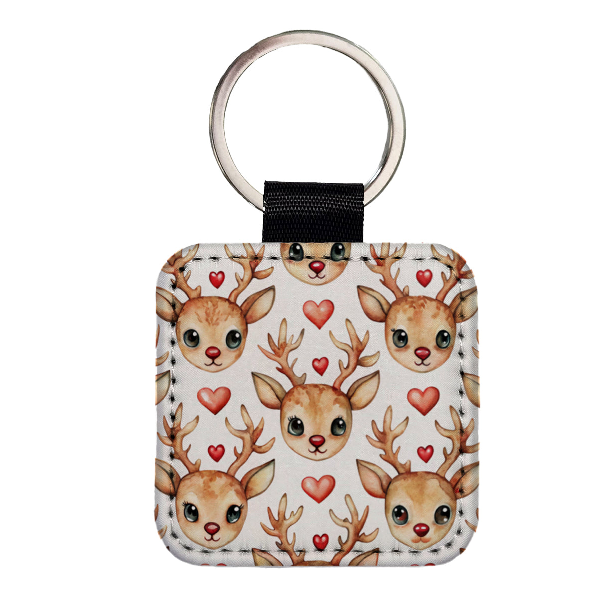 Cute Deer Faces Hearts Watercolor Square Faux Leather Keychain