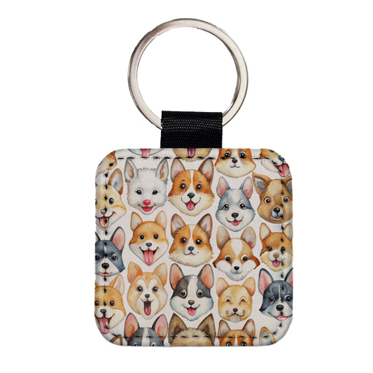 Cute Dog Faces Watercolor Square Faux Leather Keychain