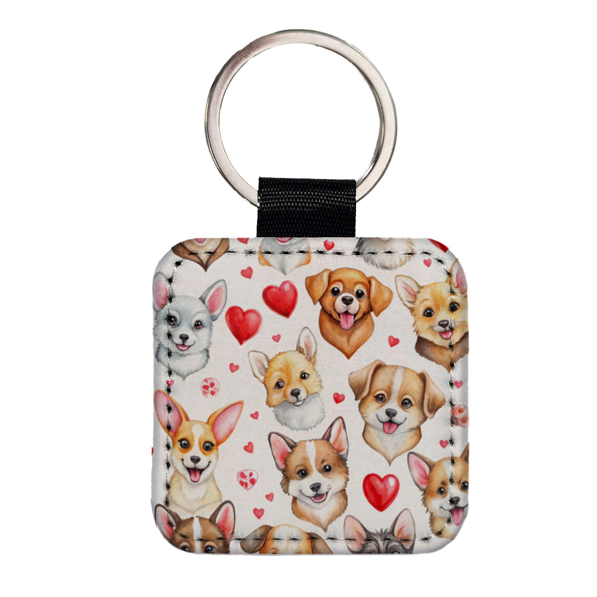 Cute Dogs Hearts Watercolor Square Faux Leather Keychain