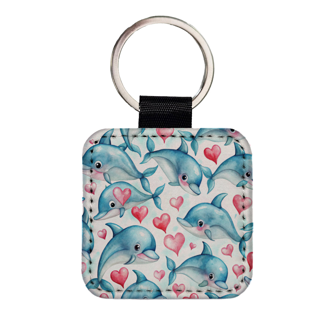 Cute Dolphin Faces Hearts Square Faux Leather Keychain