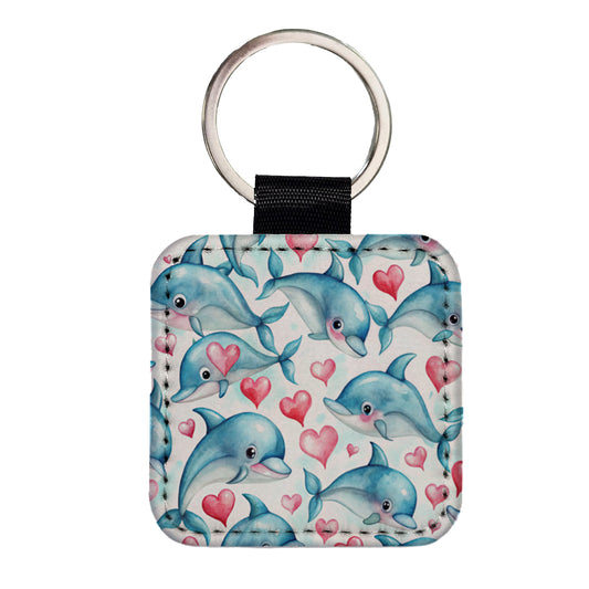 Cute Dolphin Faces Hearts Square Faux Leather Keychain