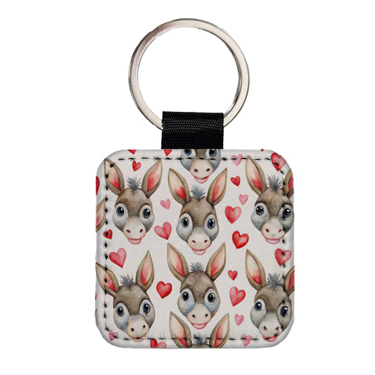 Cute Donkey Faces Hearts Watercolor Square Faux Leather Keychain