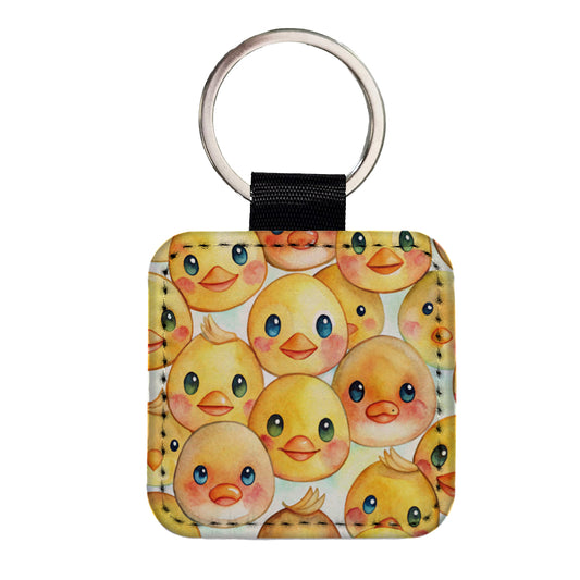 Cute Duck Faces Watercolor Square Faux Leather Keychain