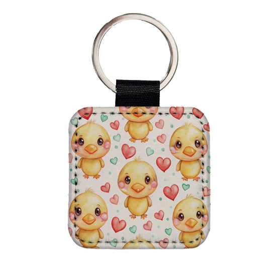 Cute Ducks Hearts Watercolor Square Faux Leather Keychain