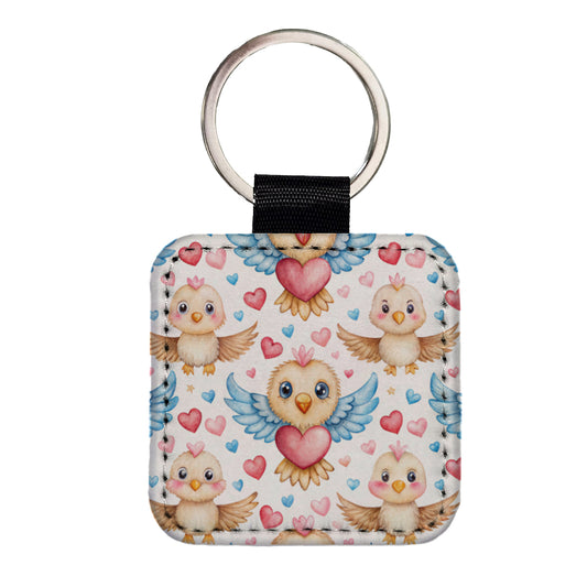 Cute Eagles Hearts Watercolor Square Faux Leather Keychain
