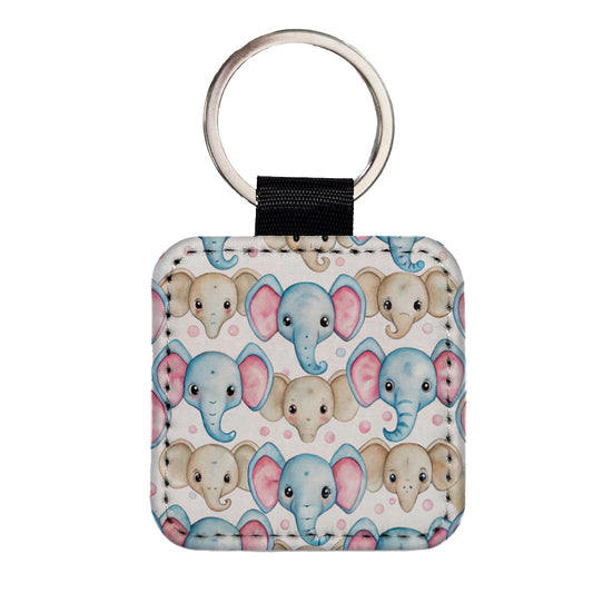 Cute Elephant Faces Watercolor Square Faux Leather Keychain