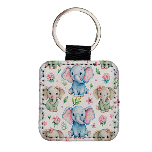 Cute Elephants Hearts Watercolor Square Faux Leather Keychain