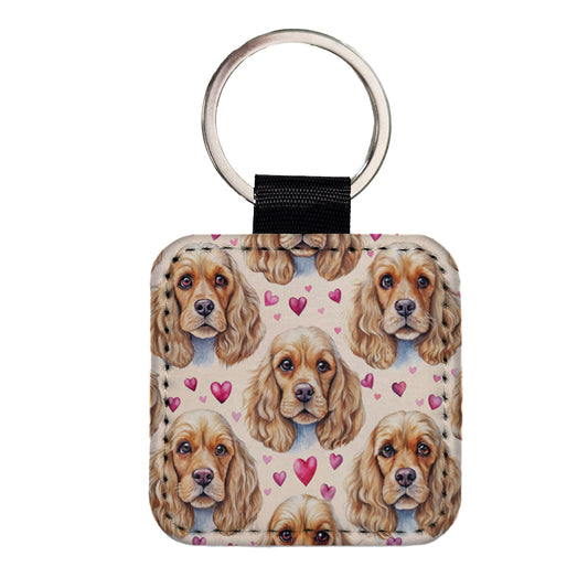 Cute English Cocker Spaniel Dog Faces Square Faux Leather Keychain