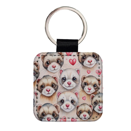 Cute Ferret Faces Hearts Watercolor Square Faux Leather Keychain