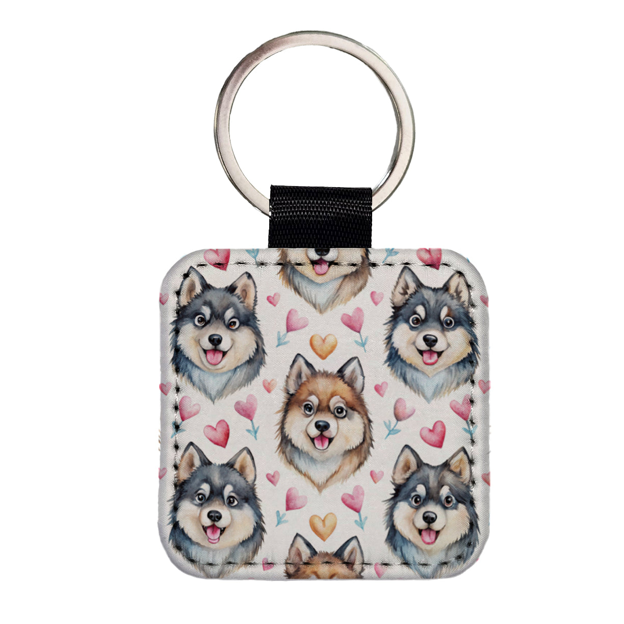 Cute Finnish Lapphund Dog Faces Square Faux Leather Keychain