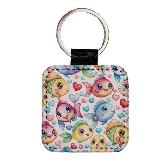 Cute Fish Faces Hearts Watercolor Square Faux Leather Keychain