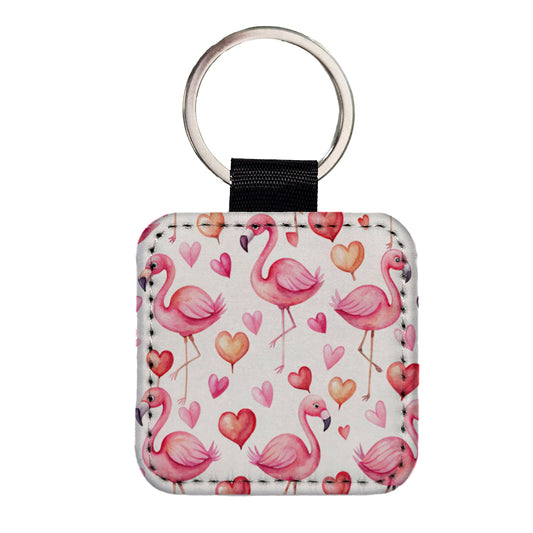 Cute Flamingos Hearts Watercolor Square Faux Leather Keychain