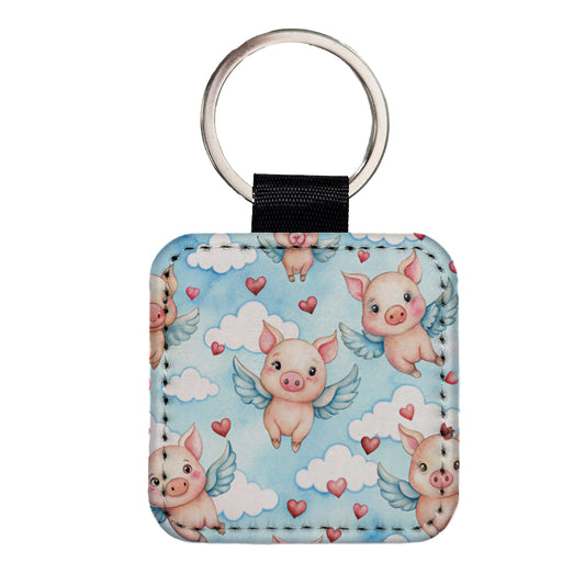 Cute Flying Pigs Hearts Watercolor Square Faux Leather Keychain