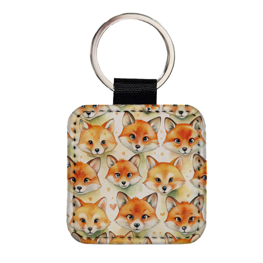 Cute Fox Faces Watercolor Square Faux Leather Keychain