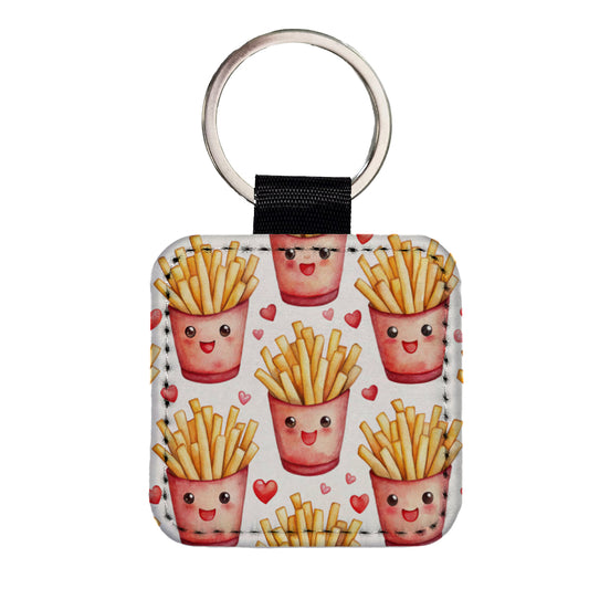 Cute French Fries Hearts Watercolor Square Faux Leather Keychain
