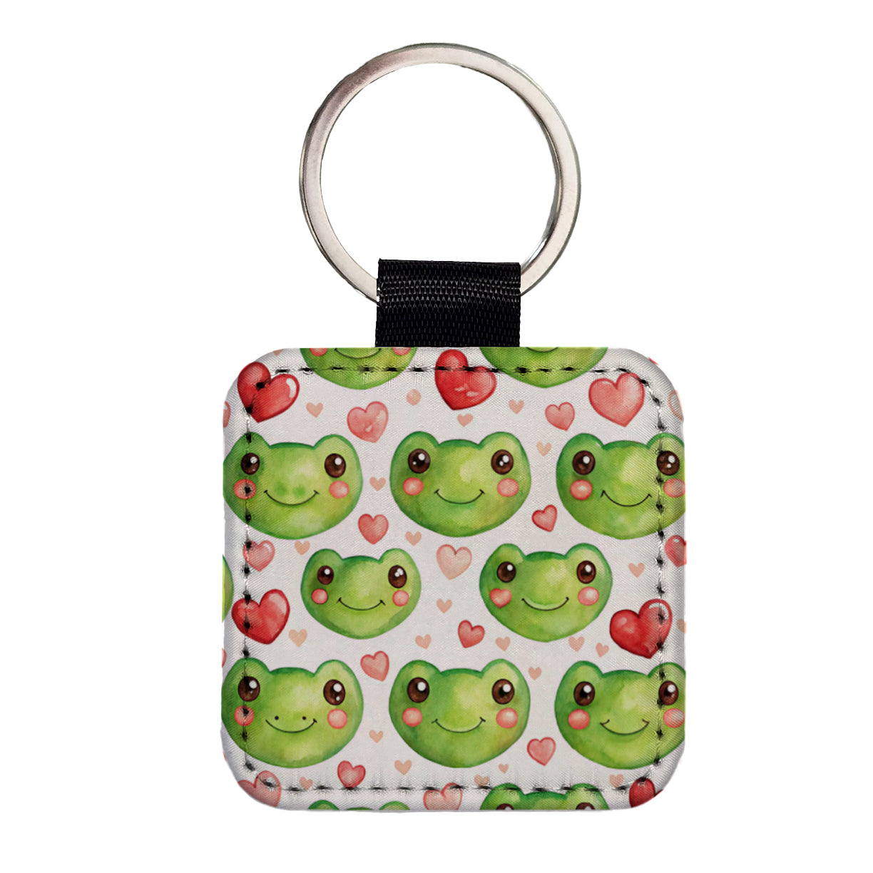 Cute Frog Faces Hearts Watercolor Square Faux Leather Keychain